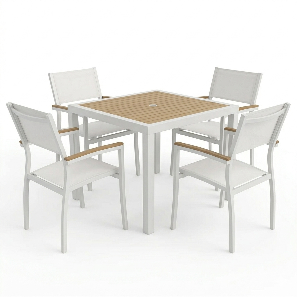 Outdoor furniture set with a square table and four chairs on a white background