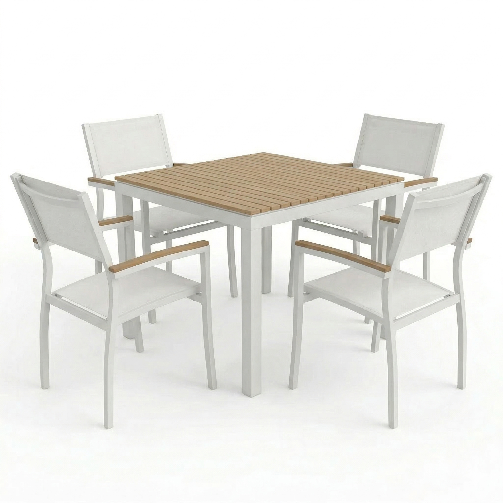 Outdoor furniture set with a square table and four chairs on a white background. Table is white with a wood slatted top which matches the wood armrest of the white sling chairs. 