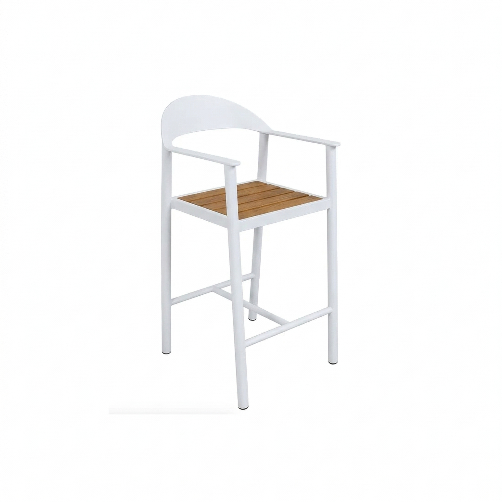 White bar chair with a slatted wooden seat on a white background