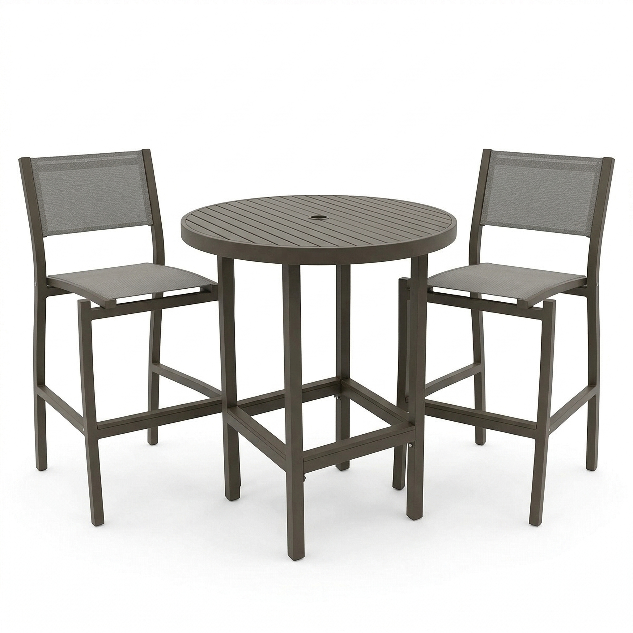 Outdoor bar table set with a round table and two bar chairs on a white background. The table and chairs are a matching grey color with an umbrella hole in the center of the table top. 