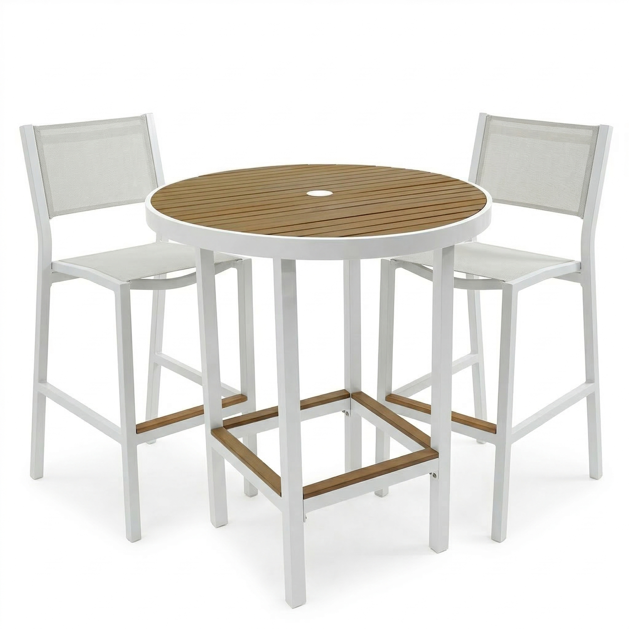 Round wooden bar table set with white armless chairs on a white background. There is a hole drilled out of the center of the table for an umbrella. 