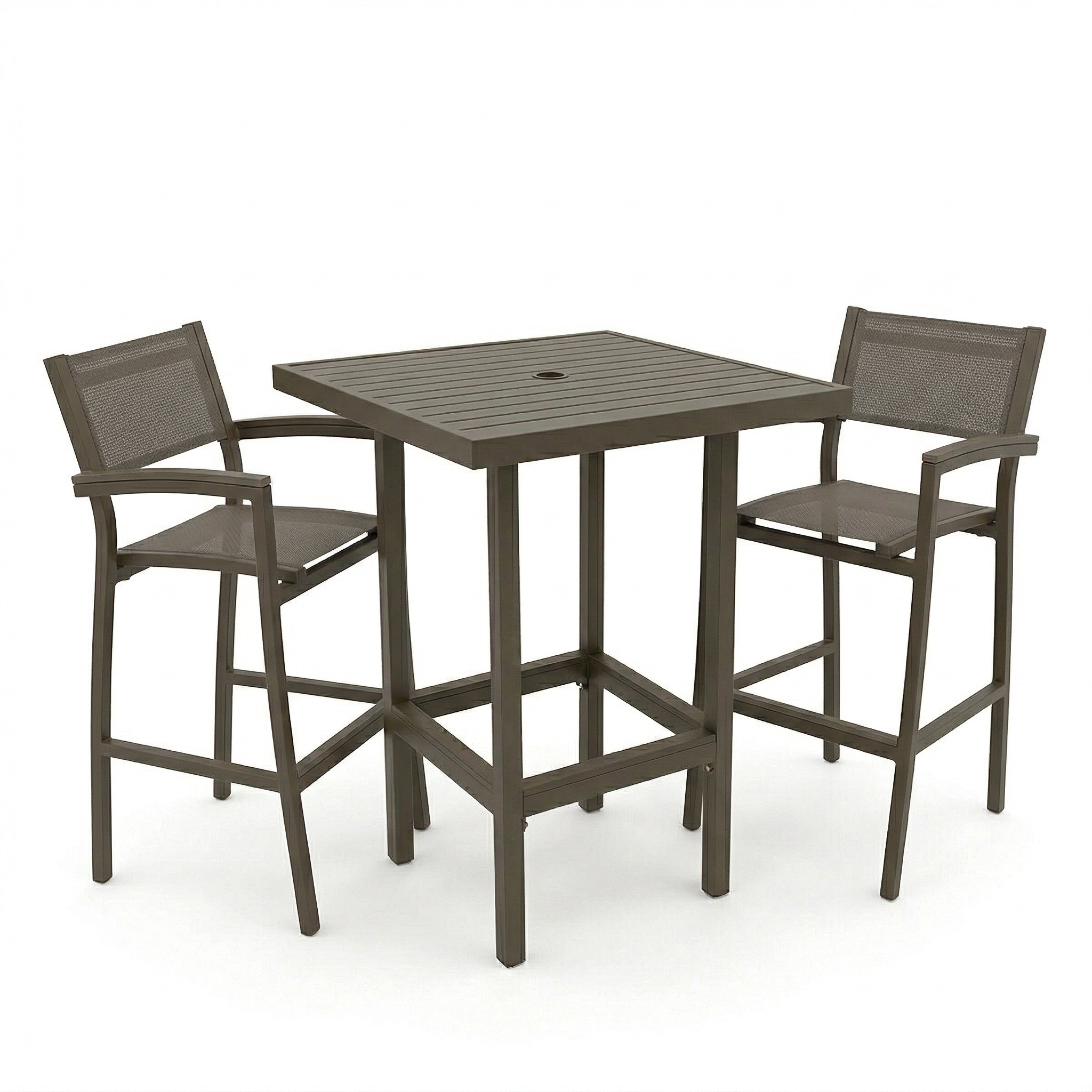 Grey outdoor bar set with two bar chairs on a white background