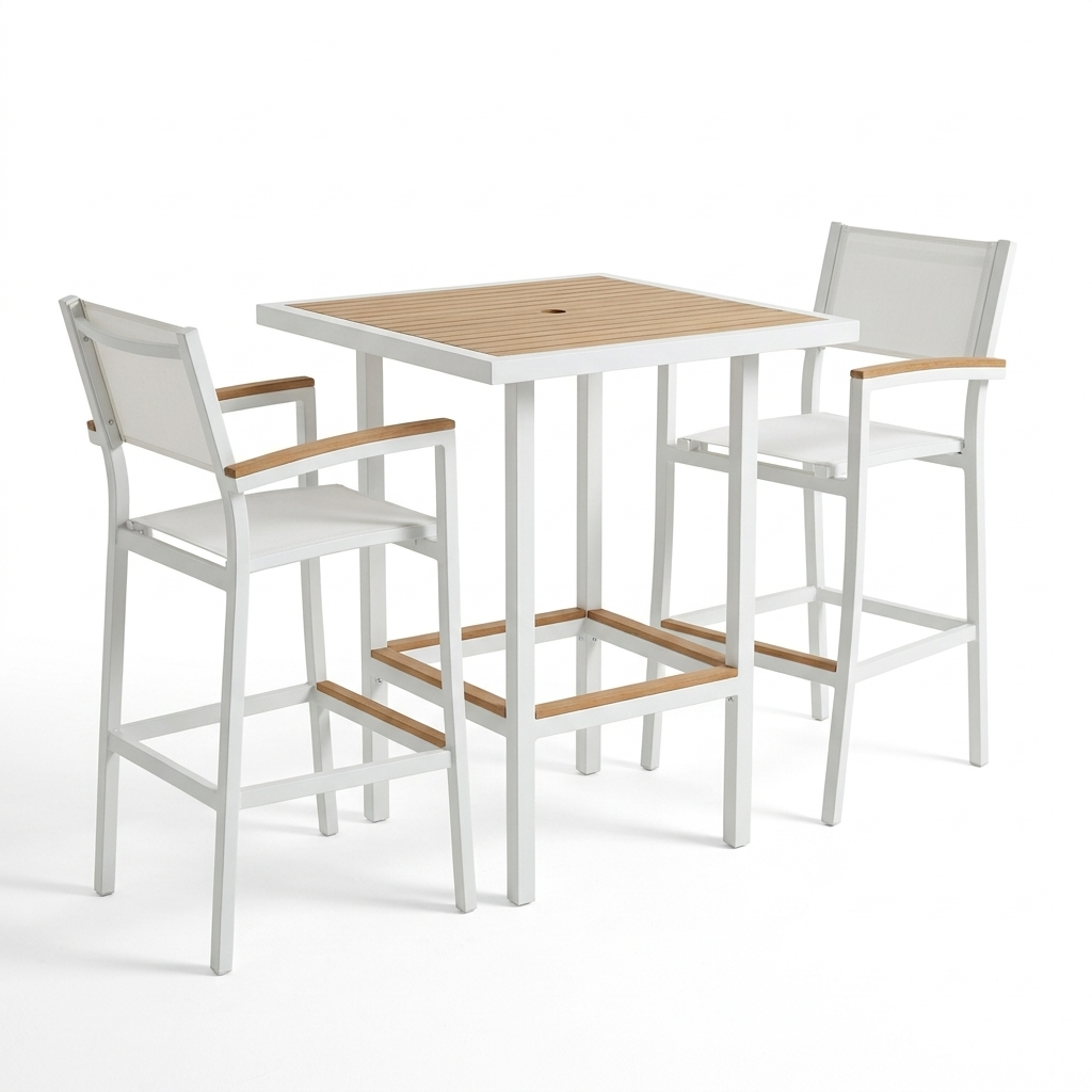 Outdoor furniture bar table set with a square table and two bar chairs on a white background