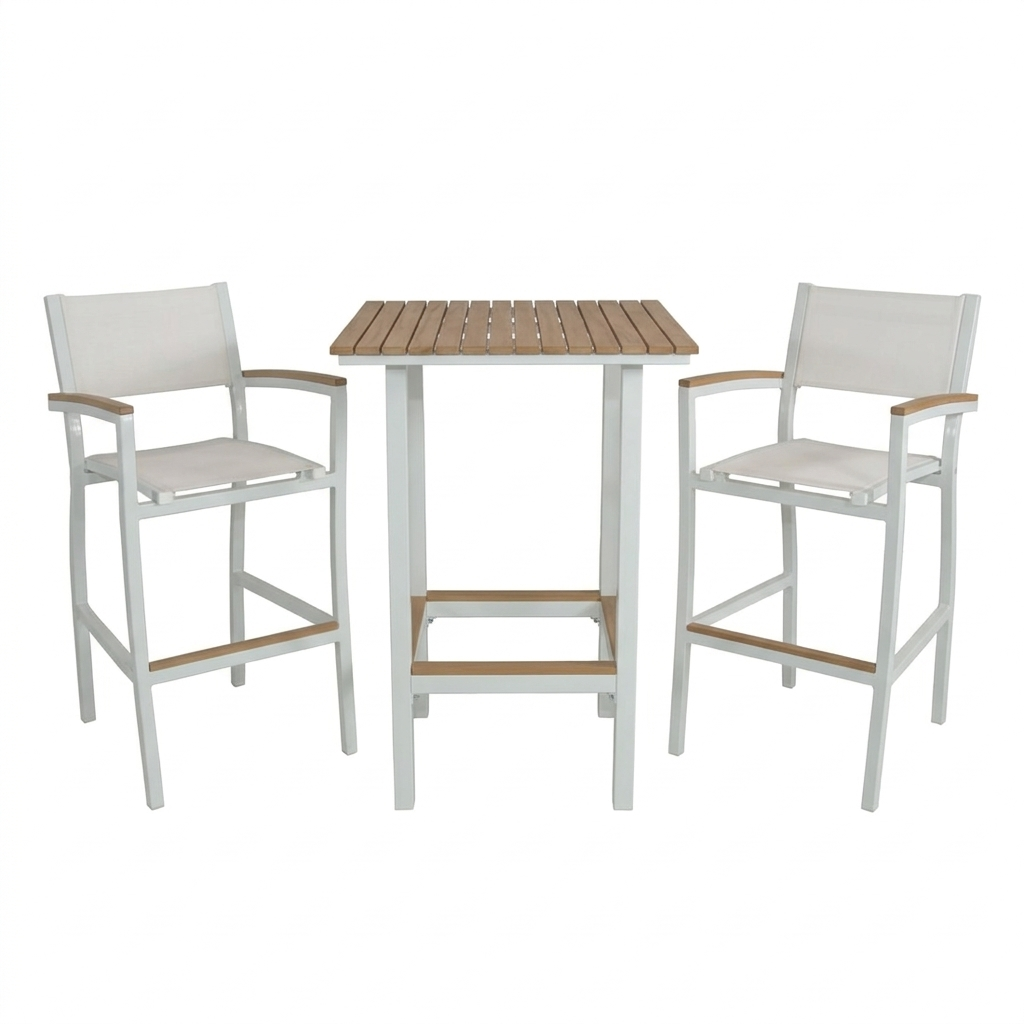 Outdoor furniture bar table set with two bar-height chairs and a square table on a white background. The table has wooden slatted top and a white base.