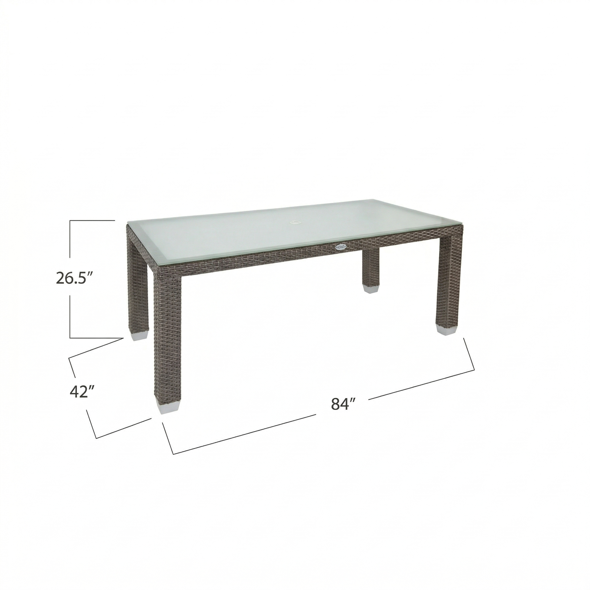 Rectangular glass top patio table with a dark brown wicker frame and dimensions listed on a white background. Dimensions are 84" wide by 42" deep by 26.5" tall. 