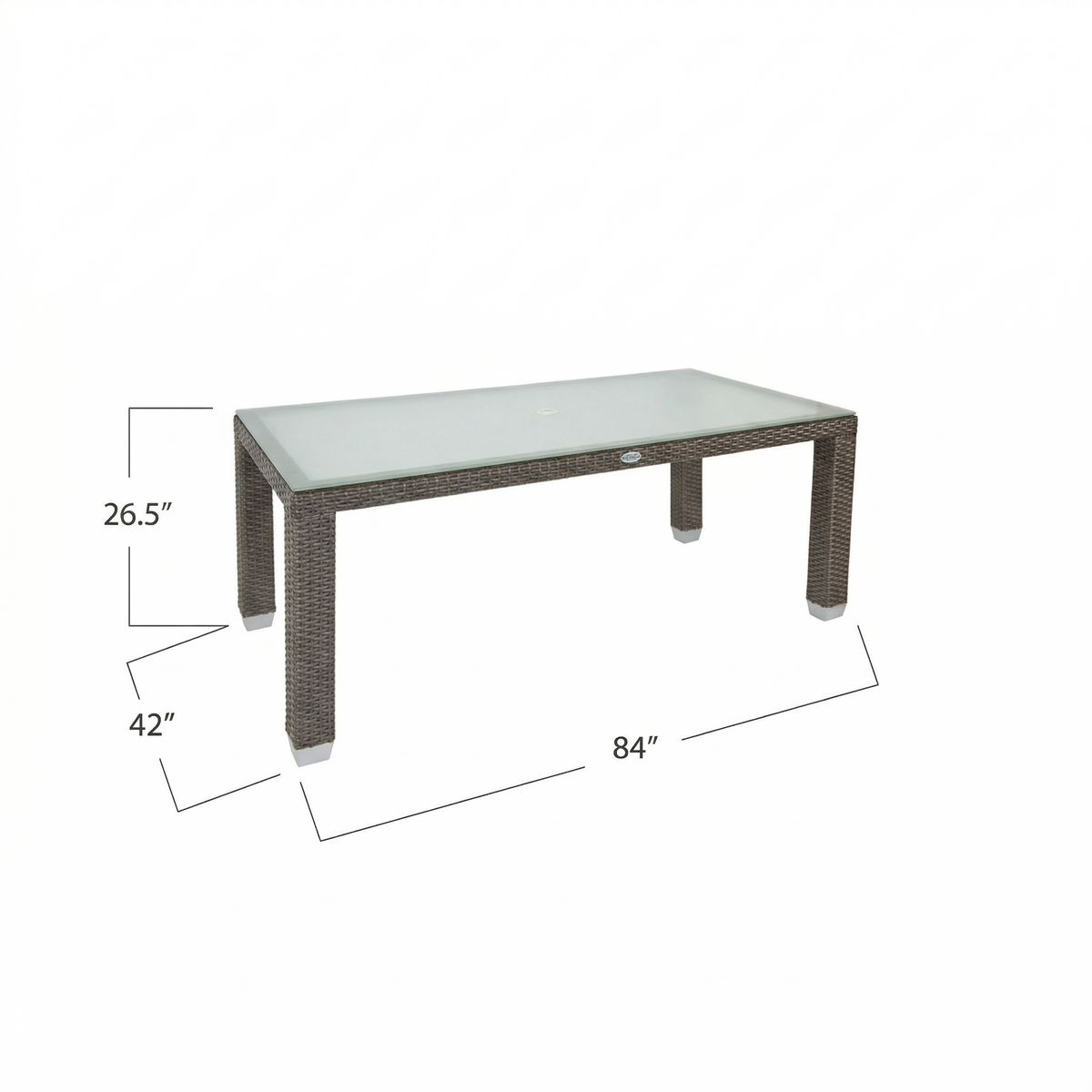 Rectangular glass top patio table with a dark brown wicker frame and dimensions listed on a white background. Dimensions are 84" wide by 42" deep by 26.5" tall. 
