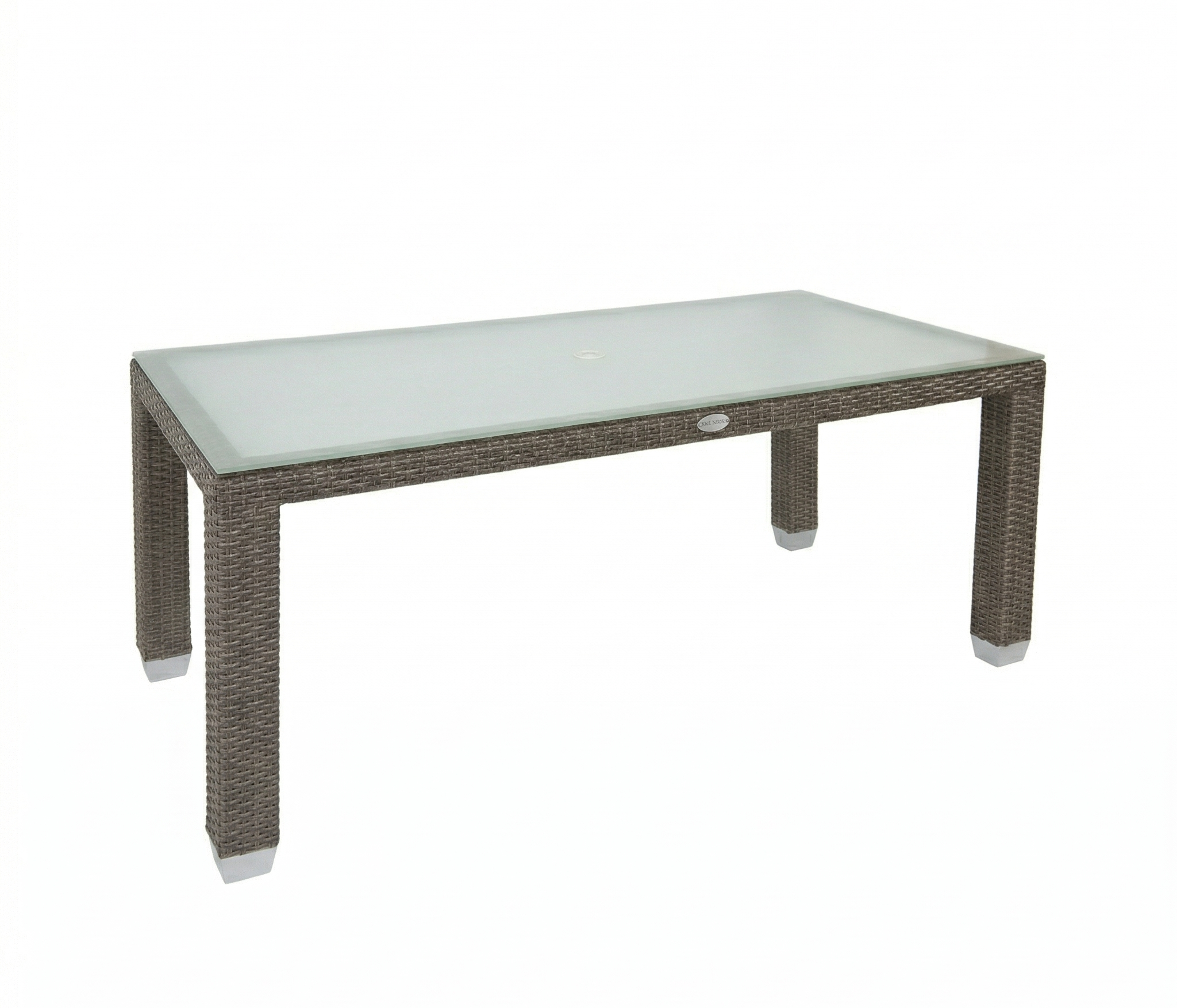 Rectangular outdoor table with brown wicker frame and glass top on a white background.