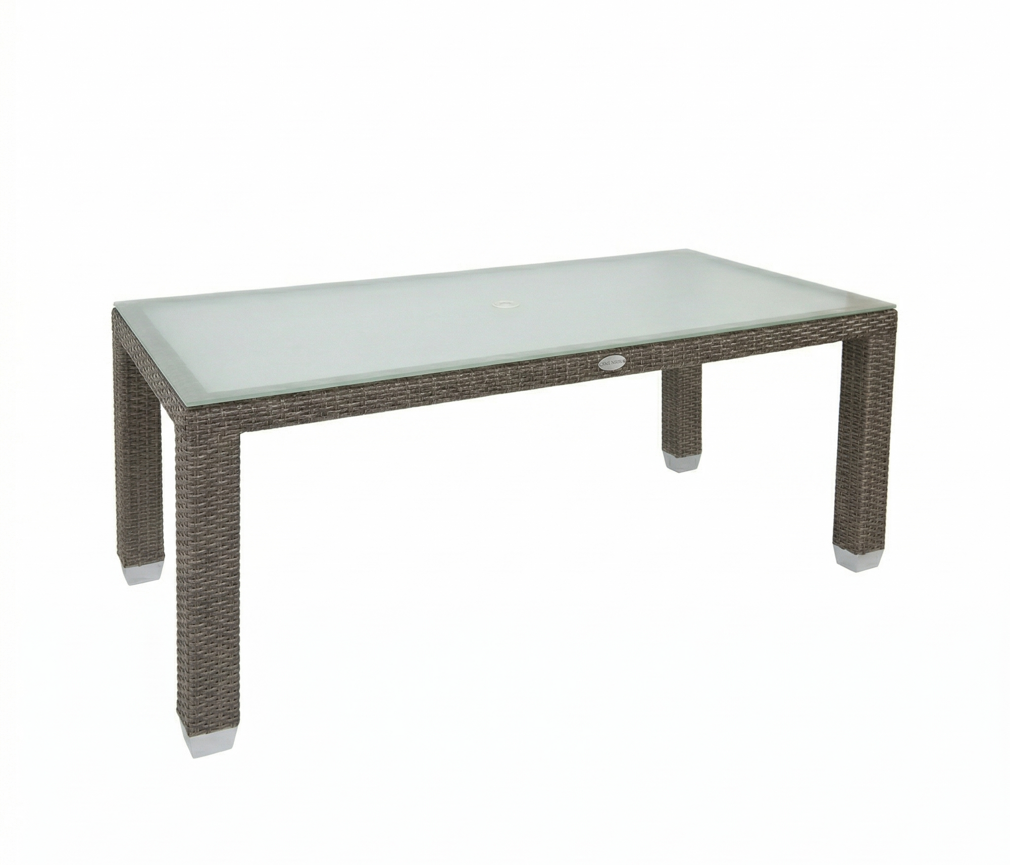 Rectangular outdoor table with brown wicker frame and glass top on a white background.