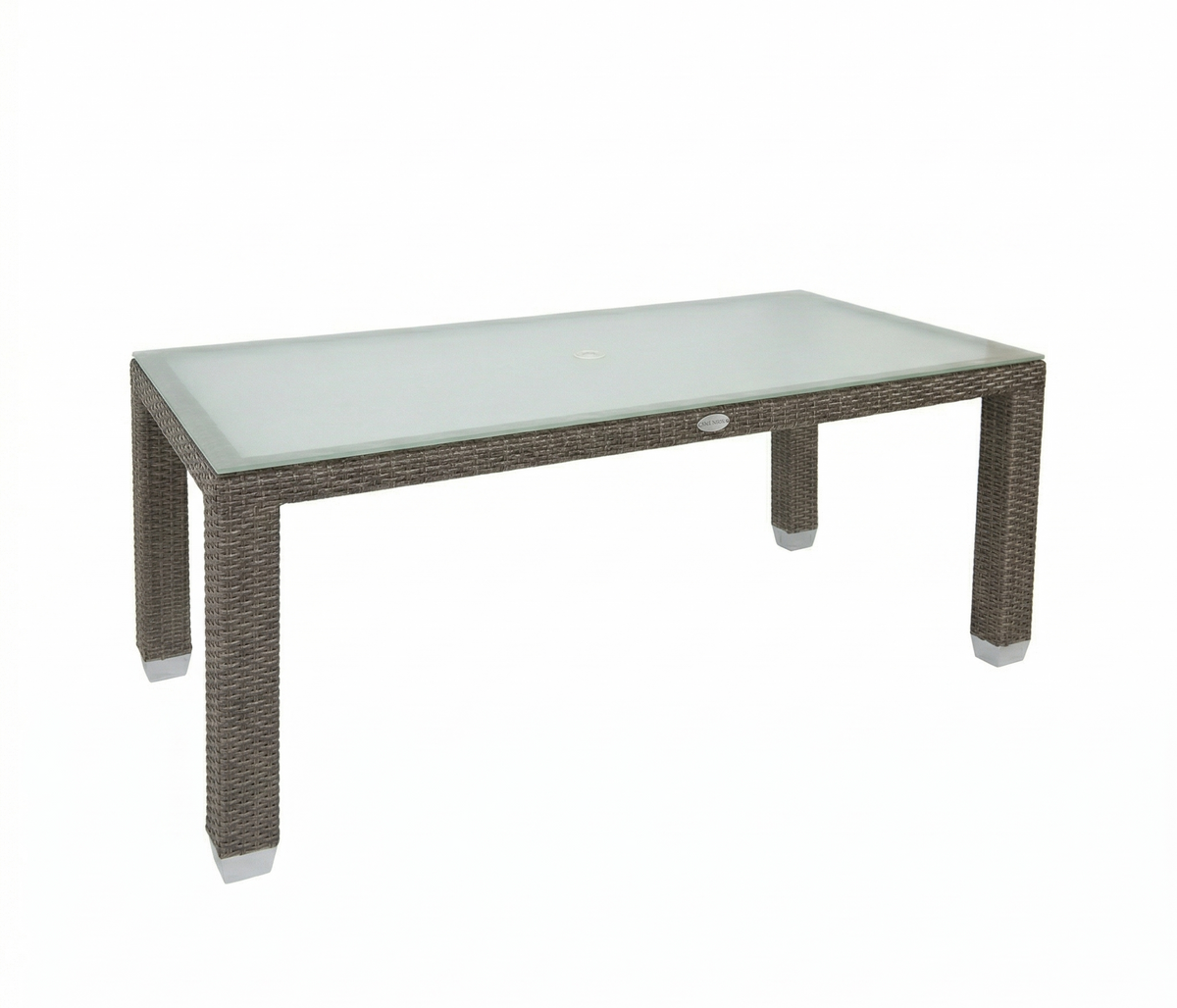 Rectangular outdoor table with brown wicker frame and glass top on a white background.