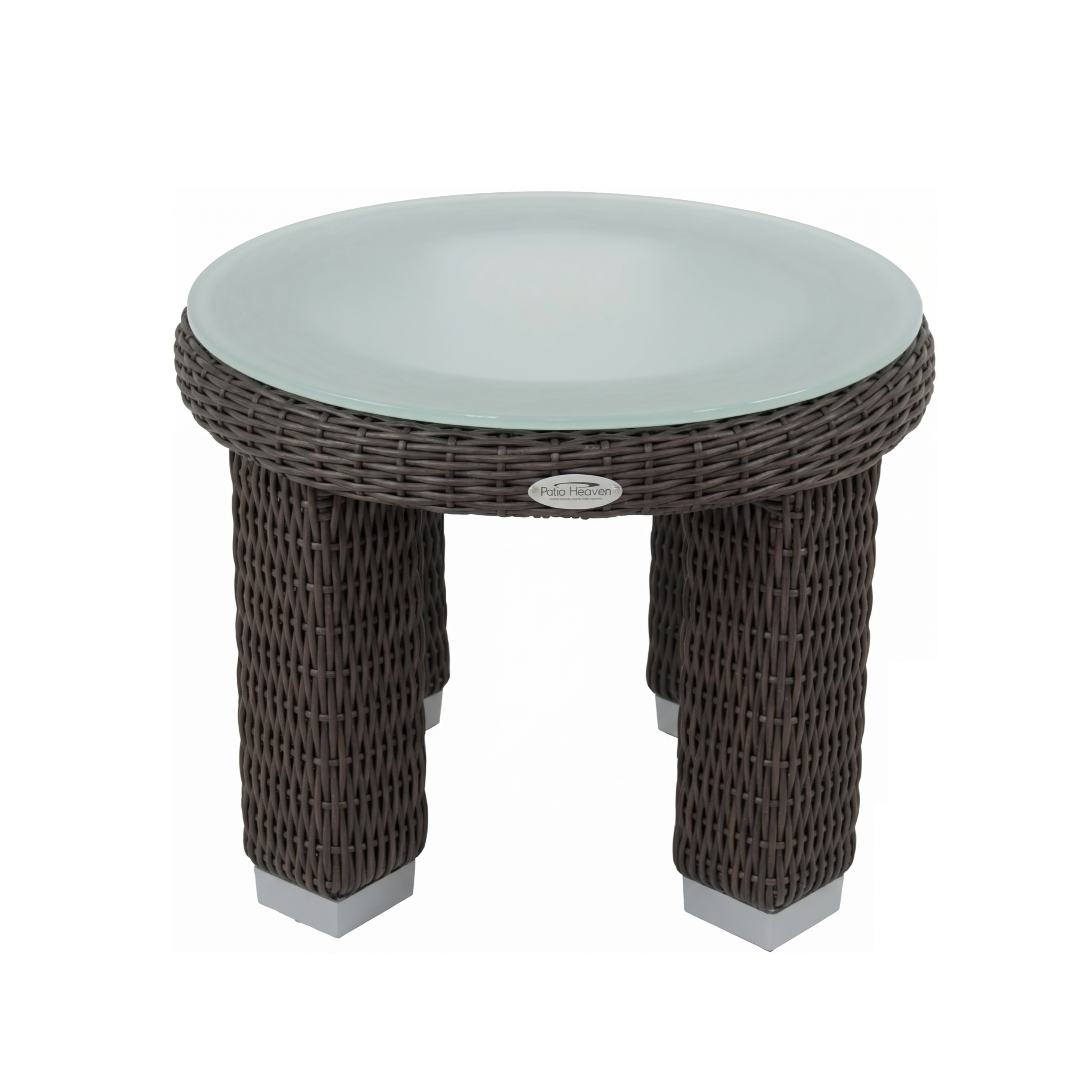 Round wicker table with glass top on a white background