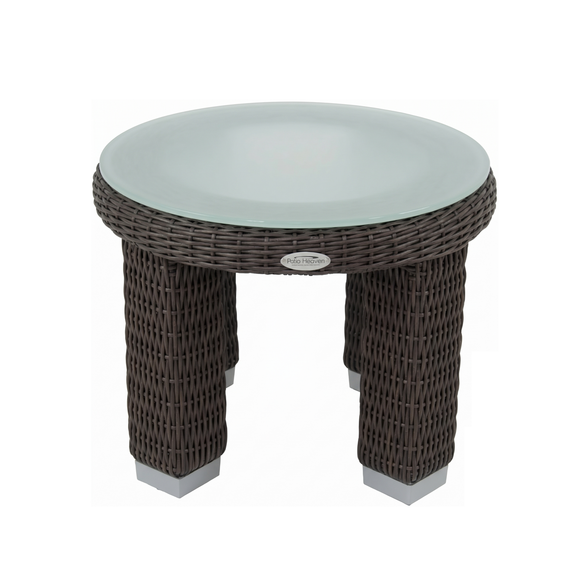 Round wicker table with glass top on a white background