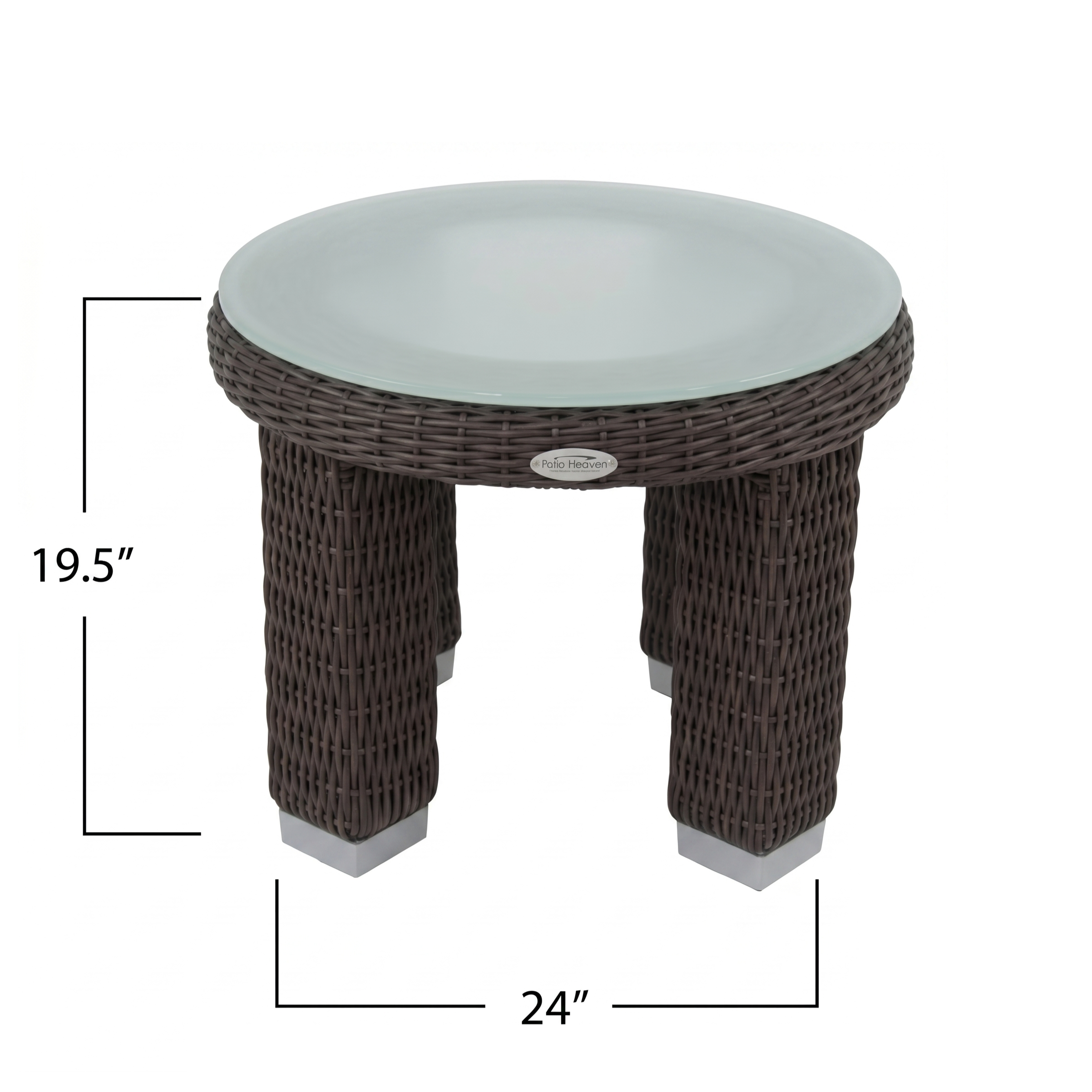 Round wicker table with glass top and dimensions on a white background. 