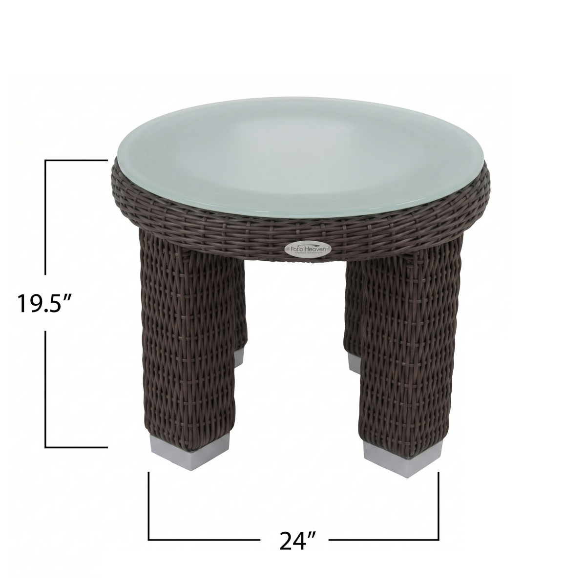 Round wicker table with glass top and dimensions on a white background. 