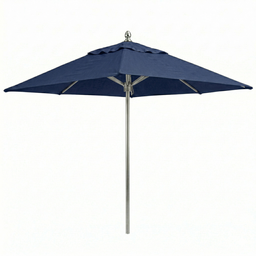 Navy blue square shape patio umbrella with a brushed aluminum finish pole with the same color topper. On a white background.
