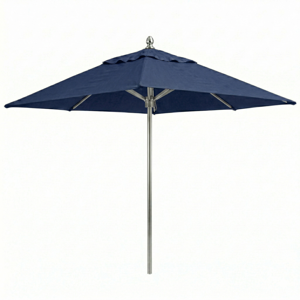 Navy blue square shape patio umbrella with a brushed aluminum finish pole with the same color topper. On a white background.