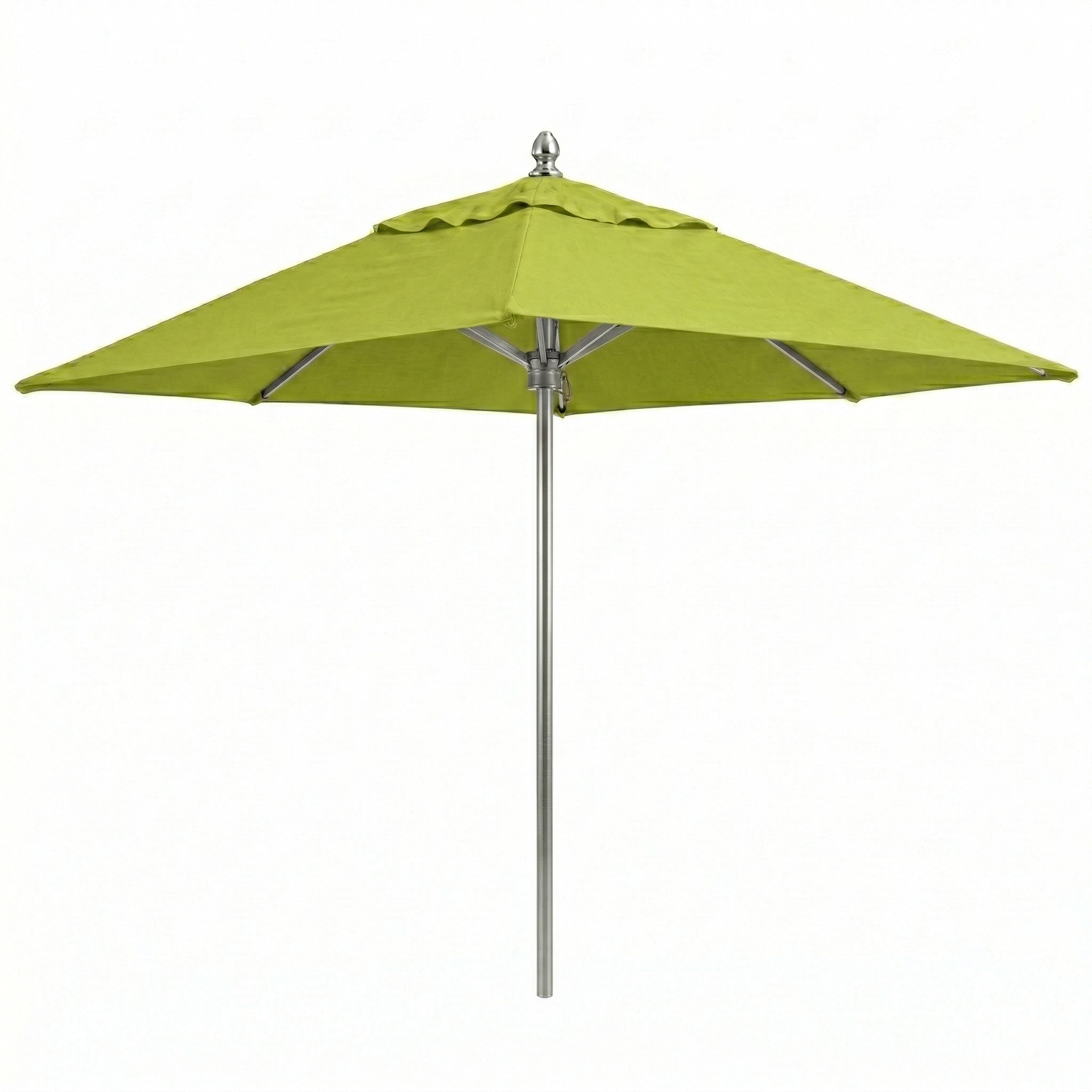 Bright chartreuse green square shape canopy patio umbrella with a brushed aluminum finish pole with the same color topper. On a white background.