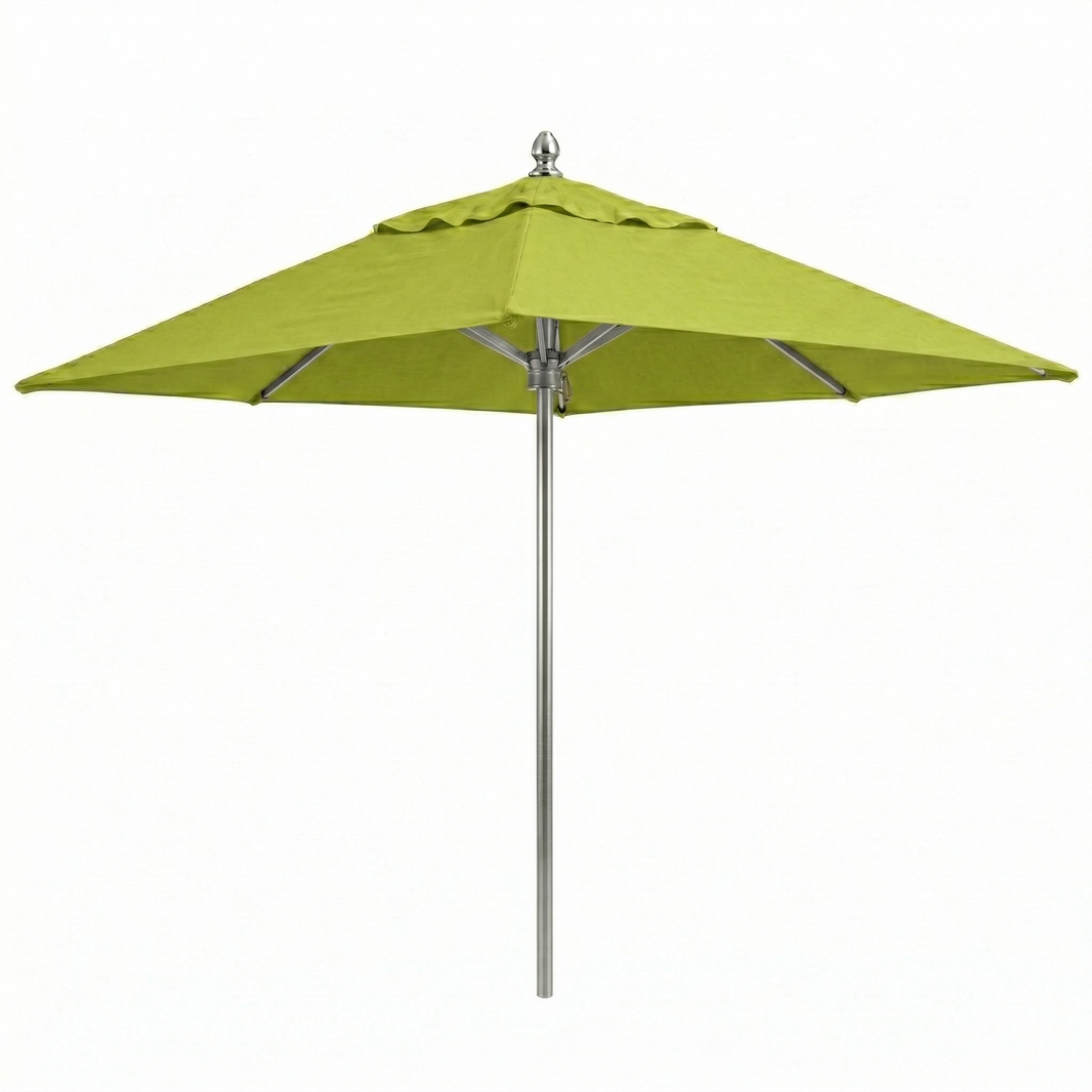 Bright chartreuse green square shape canopy patio umbrella with a brushed aluminum finish pole with the same color topper. On a white background.