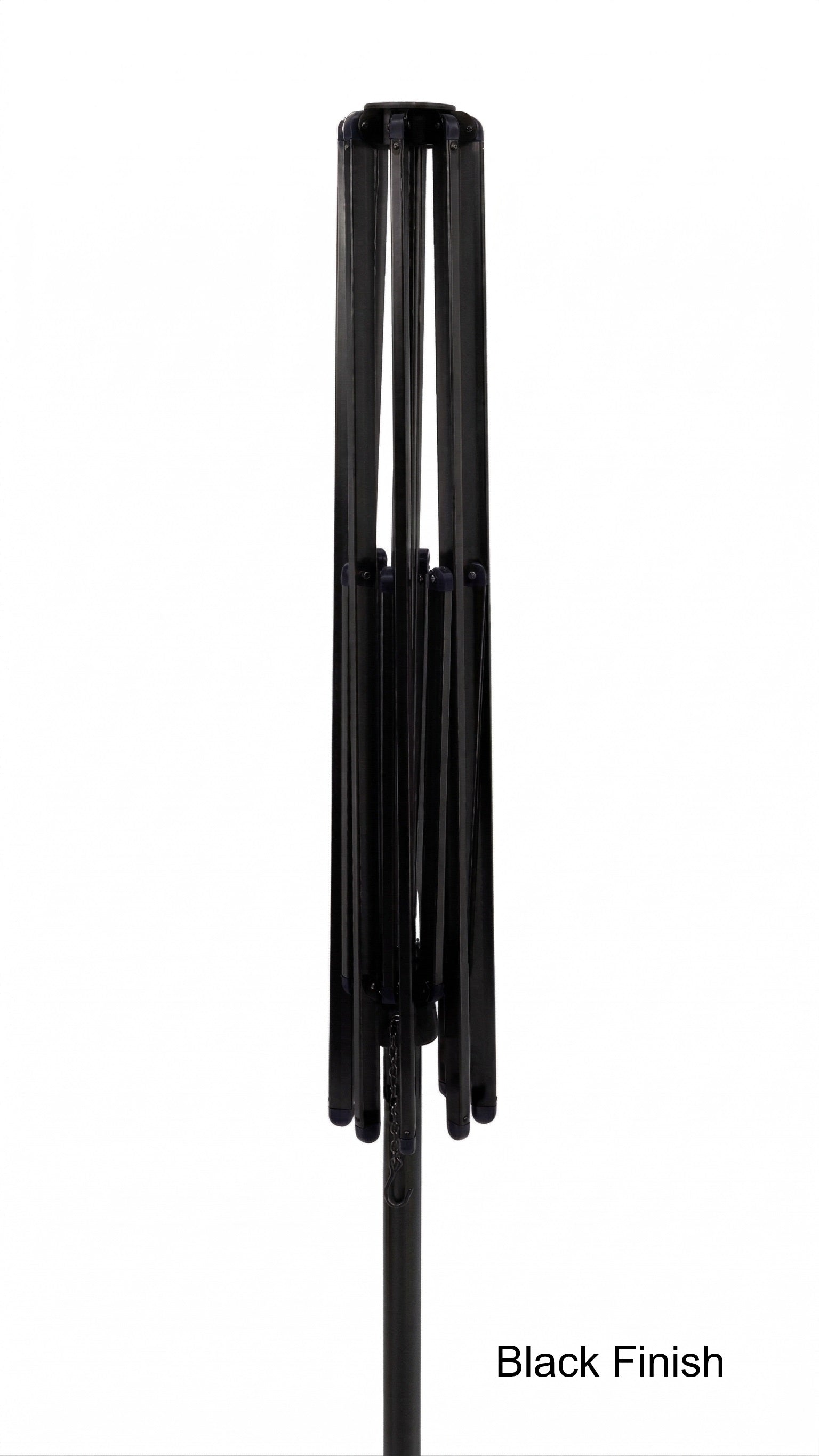 Black umbrella frame alone on a white background. Text in the bottom right corner says "black finish"