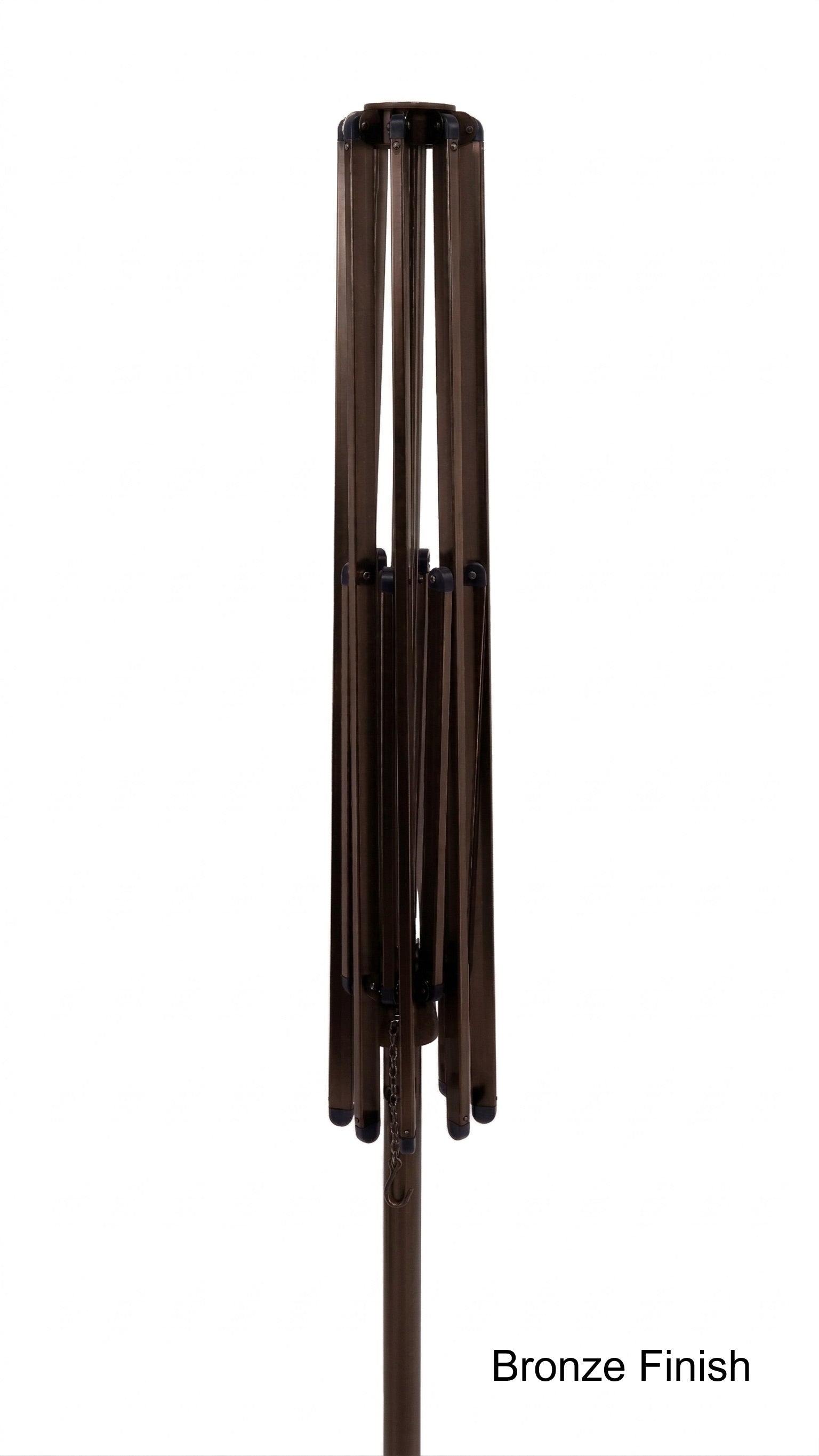 Bronze color umbrella frame alone on a white background. Text in the bottom right corner says "bronze finish"