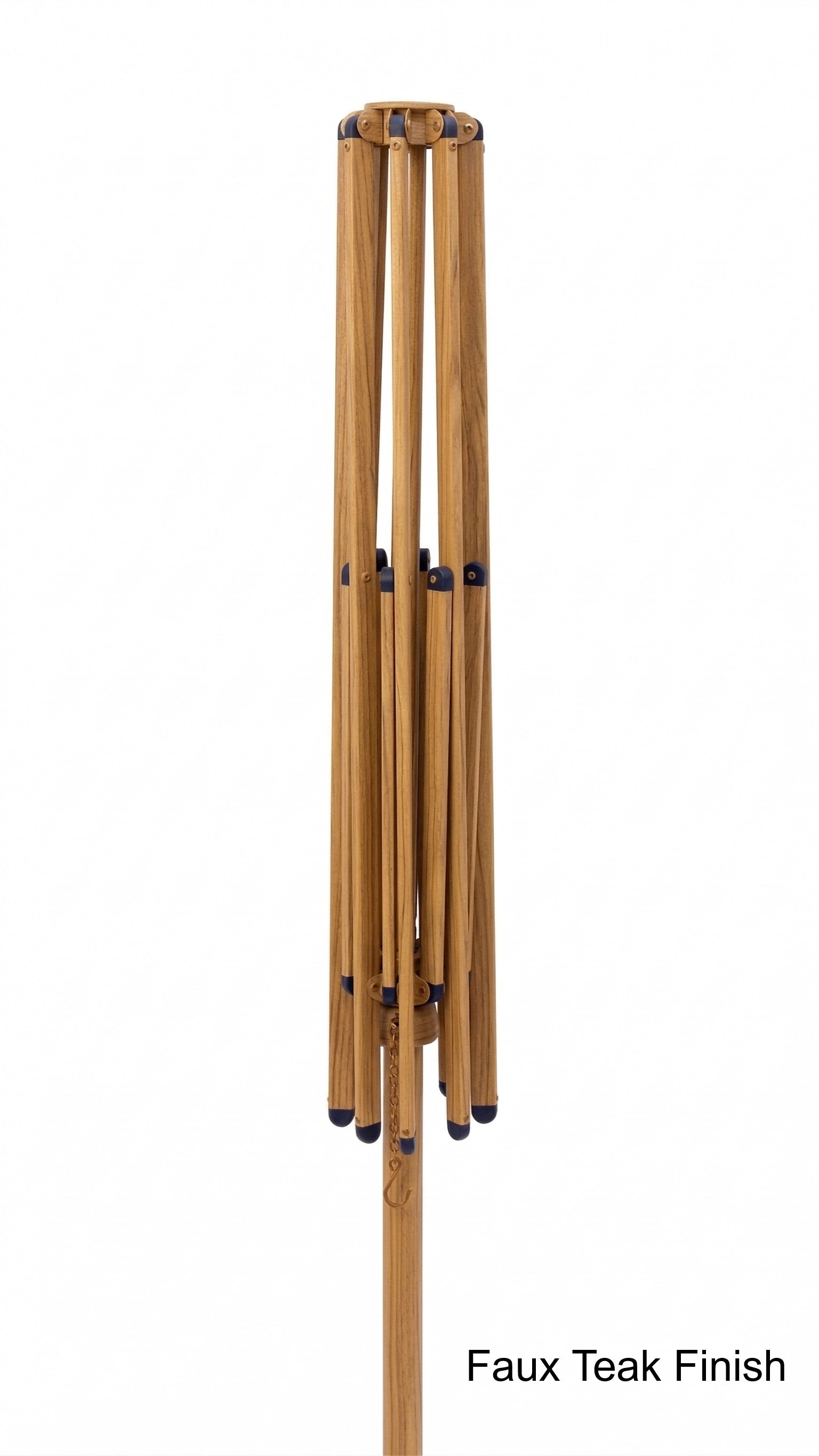 Faux teak wood umbrella frame alone on a white background. Text in the bottom right corner says "faux teak finish"