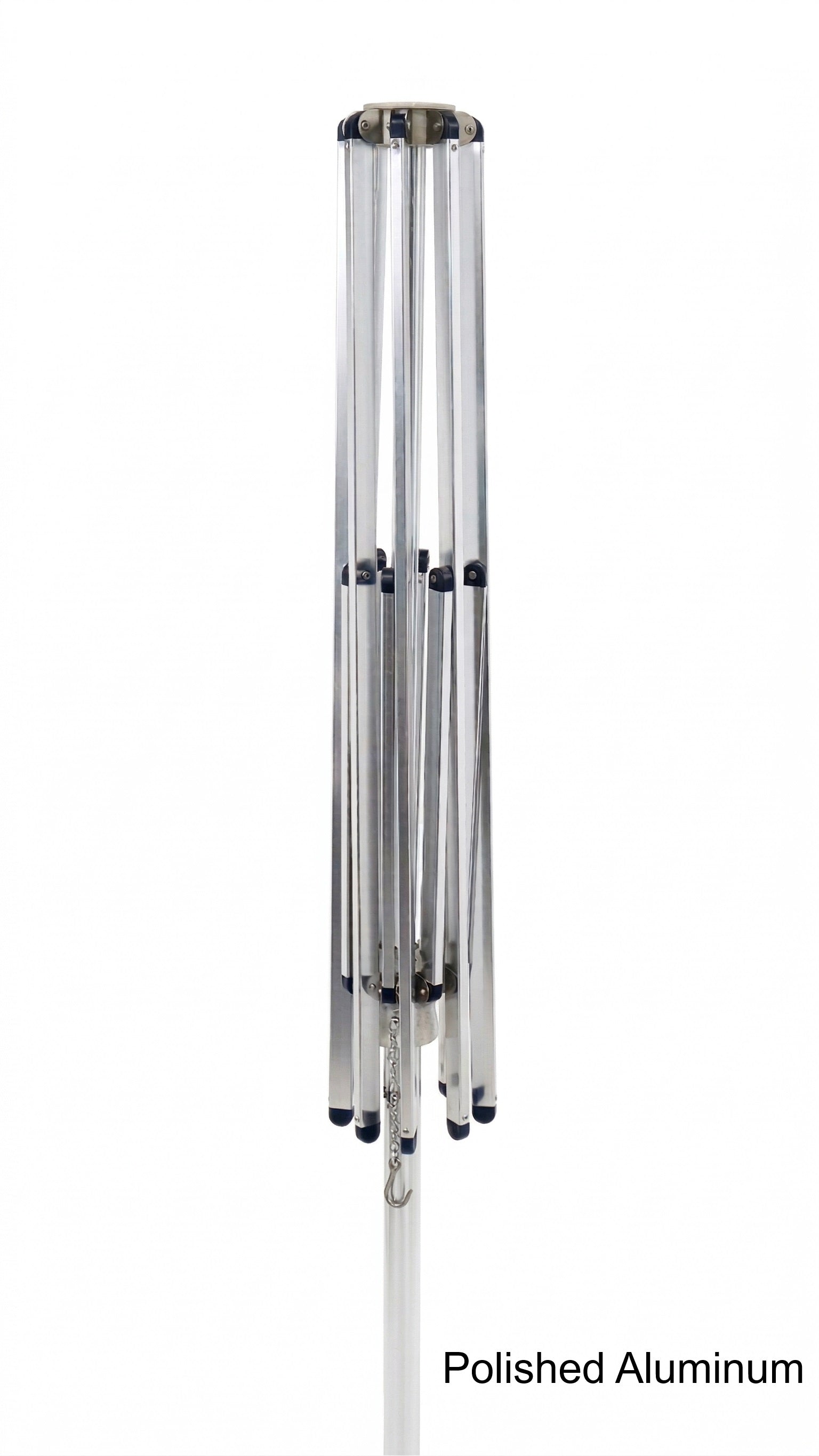 Polished aluminum umbrella frame alone on a white background. The frame is a shiny reflective finish. Text in the bottom right corner says "polished aluminum"