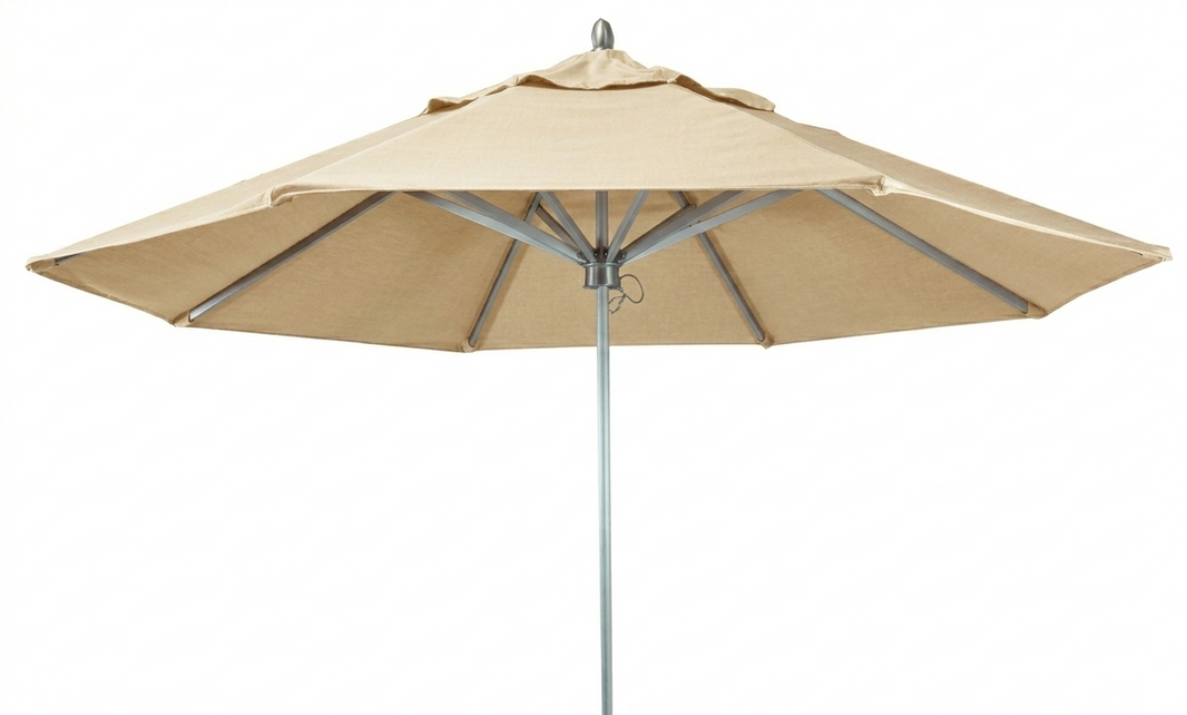 Beige round patio umbrella on a white background. Silver topper.