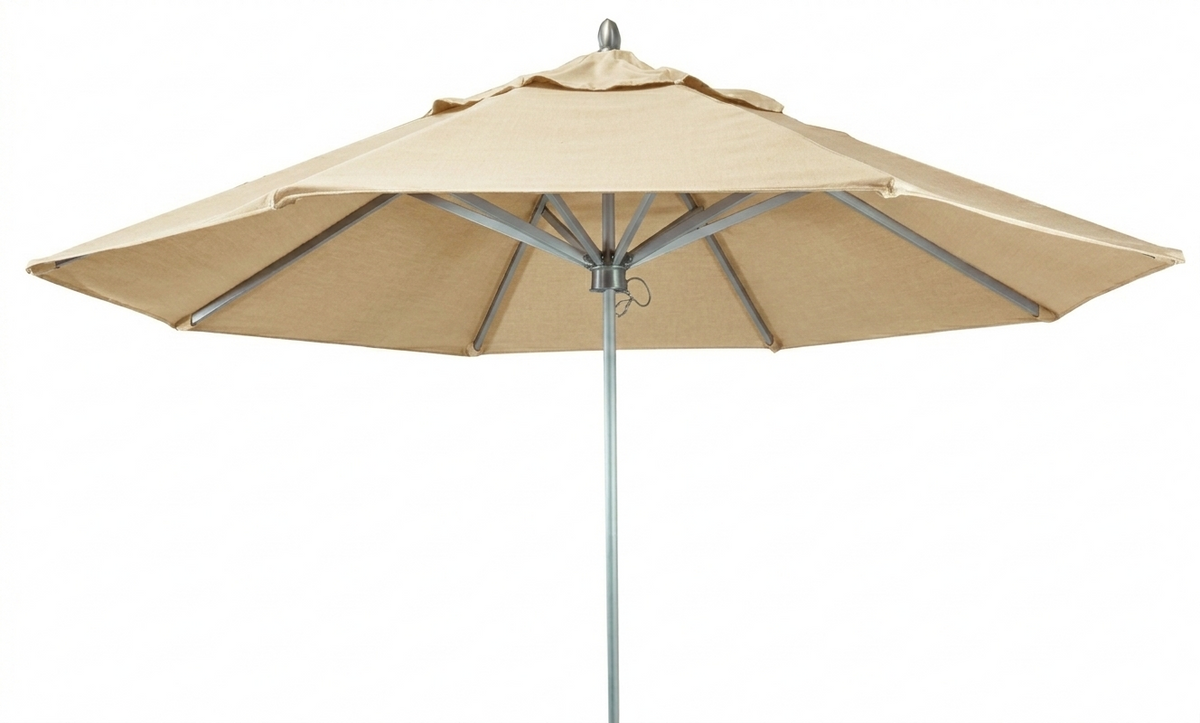Beige round patio umbrella on a white background. Silver topper.