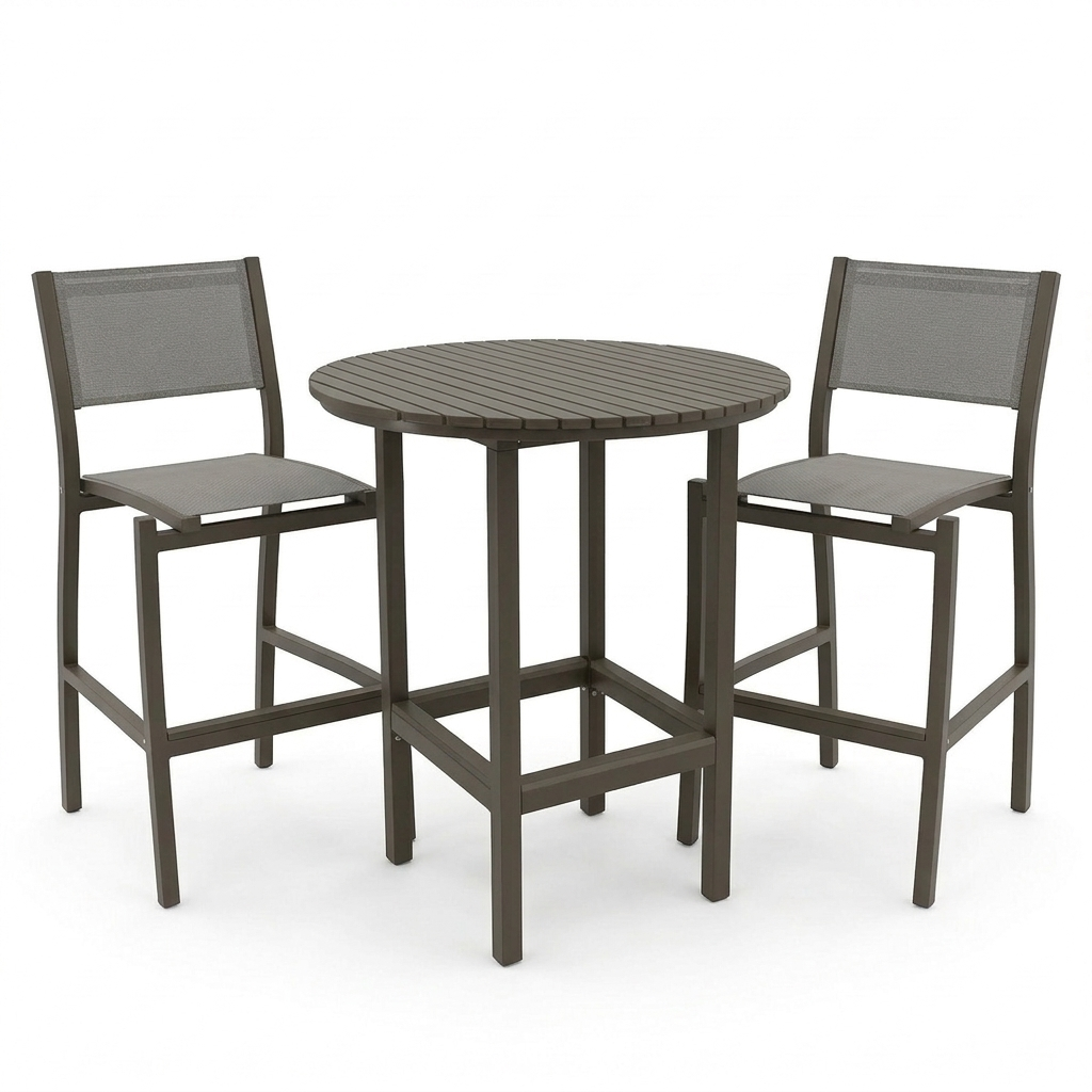 Outdoor bar table set with a round table and two bar chairs on a white background. The table and chairs are a matching grey color with an umbrella hole in the center of the table top. 