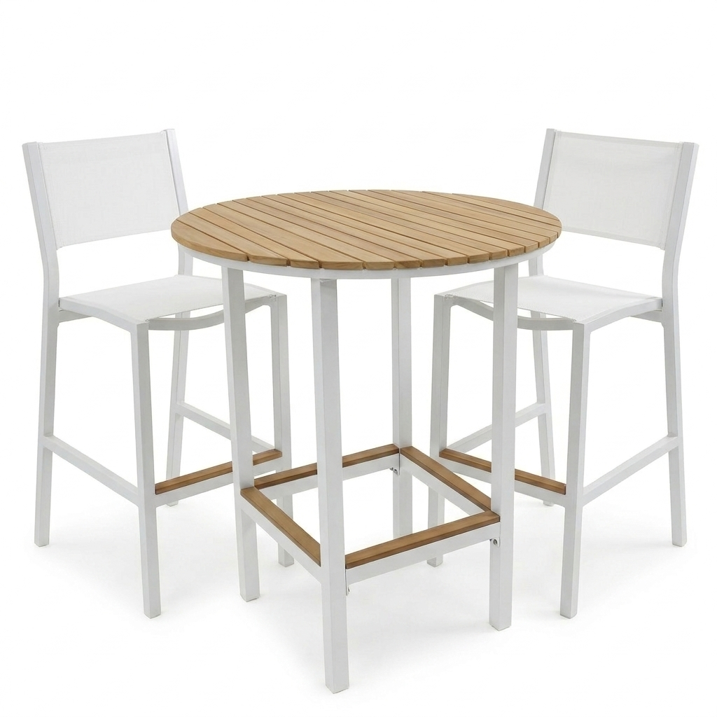 Round wooden bar table set with white armless chairs on a white background. There is a hole drilled out of the center of the table for an umbrella. 